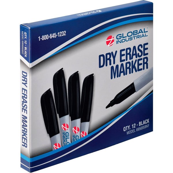 Global Industrial Dry Erase Markers, Fine Tip, Black, 12PK 695695BKF